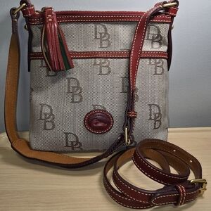 DOONEY & BOURKE Monogram Jacquard Red Leather Trim Crossbody Shoulder Bag Tassel